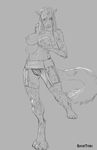  4_breasts anthro breasts clothing feline female garter greyscale holding_breast looking_at_viewer mammal monochrome multi_breast panties pussy shintori solo standing underwear 