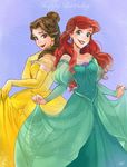 ano_(sbee) ariel_(disney) artist_name back-to-back beauty_and_the_beast belle_(disney) blue_background blue_eyes brown_eyes brown_hair company_connection crossover disney dress earrings elbow_gloves gloves green_background hair_bun happy_birthday jewelry long_hair long_sleeves looking_at_viewer multiple_girls red_hair shell smile the_little_mermaid yellow_dress 
