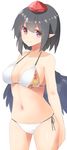  bad_id bad_pixiv_id bikini black_hair black_wings bob_cut breasts cleavage cowboy_shot hat highres looking_at_viewer medium_breasts pointy_ears red_eyes shameimaru_aya short_hair side-tie_bikini simple_background smile solo standing swimsuit tokin_hat touhou white_background white_bikini wings yusake_san 