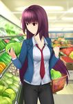  black_pants blue_jacket breasts casual cleavage cowboy_shot dndlga dress_shirt fate/grand_order fate_(series) food groceries holding holding_food indoors jacket long_hair medium_breasts necktie open_clothes open_jacket pants purple_hair red_eyes red_neckwear scathach_(fate)_(all) scathach_(fate/grand_order) shirt shopping_basket solo standing supermarket very_long_hair white_shirt 