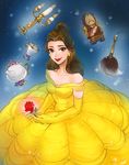  ano_(sbee) artist_name bare_shoulders beauty_and_the_beast belle_(disney) blue_background brown_eyes brown_hair candle candlestand cup disney dress earrings elbow_gloves feather_duster flower gloves glowing glowing_flower hair_bun jewelry long_hair looking_at_viewer rose smile solo sparkle sparkle_background teacup teapot watch yellow_dress 