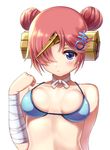  bandaged_arm bandages bangs bikini blue_bikini blue_eyes blush breasts closed_mouth collarbone commentary_request double_bun fate/apocrypha fate/grand_order fate_(series) frankenstein's_monster_(fate) frankenstein's_monster_(swimsuit_saber)_(fate) hair_ornament hair_over_one_eye hand_up highres horn looking_at_viewer medium_breasts pink_hair rariemonn short_hair simple_background solo swimsuit upper_body white_background 