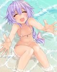  beach bikini blush braid breasts cleavage closed_eyes collarbone day dura flat_chest kami_jigen_game_neptune_v long_hair micro_bikini midriff navel neptune_(series) outdoors outstretched_arms partially_submerged purple_hair pururut ribbon single_braid sitting smile spread_arms stomach swimsuit water wet wet_clothes wet_swimsuit 