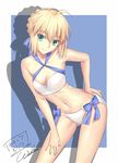  ahoge artist_name artoria_pendragon_(all) blonde_hair blue_bow blush bow breasts cleavage closed_mouth collarbone dated eyebrows_visible_through_hair fate/grand_order fate_(series) green_eyes hair_bow looking_at_viewer medium_breasts navel saber short_hair signature smile solo werkbau 