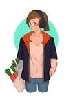  bag brown_eyes brown_hair carrot closed_mouth collarbone denim eyebrows_visible_through_hair glasses hand_in_pocket headphones holding holding_bag jeans lanzi_(415460661) looking_away original pants short_hair solo spring_onion 