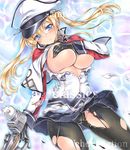  artist_name at_classics bangs black_gloves black_legwear blonde_hair blue_eyes blue_skirt blush breasts cameltoe capelet closed_mouth covering covering_breasts cowboy_shot eyebrows_visible_through_hair gloves graf_zeppelin_(kantai_collection) groin hair_between_eyes hat iron_cross kantai_collection large_breasts long_hair long_sleeves looking_at_viewer miniskirt necktie pantyhose peaked_cap pleated_skirt sample skirt solo torn_clothes torn_legwear traditional_media twintails watermark 