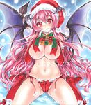  artist_name at_classics bangs blush boots bow bow_panties breasts cameltoe christmas closed_mouth demon_girl demon_tail demon_wings elbow_gloves eyebrows_visible_through_hair fur_collar fur_trim gift gloves hair_between_eyes hat holding holding_gift knee_boots koakuma large_breasts long_hair looking_at_viewer navel panties pink_hair pom_pom_(clothes) red_bow red_eyes red_footwear red_gloves red_panties sample santa_hat side-tie_panties sitting smile solo stomach tail touhou traditional_media underwear very_long_hair wariza watermark wings 