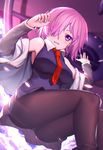  ass black_legwear blush eyebrows_visible_through_hair fate/grand_order fate_(series) hair_over_one_eye highres lanzi_(415460661) long_sleeves looking_at_viewer mash_kyrielight necktie open_mouth panties panties_under_pantyhose pantyhose purple_eyes purple_hair red_neckwear short_hair smile solo underwear 
