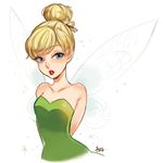  ano_(sbee) arms_behind_back artist_name bare_shoulders blonde_hair blue_eyes disney dress eyebrows_visible_through_hair fairy fairy_wings green_dress hair_bun looking_away peter_pan_(disney) simple_background solo sparkle tied_hair tinker_bell_(disney) white_background wings 