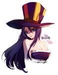  bare_shoulders blue_eyes breasts caitlyn_(league_of_legends) cleavage h_cheomji hat large_breasts league_of_legends long_hair purple_hair striped 
