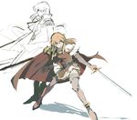  1boy 1girl blonde_hair boots brother_and_sister cape eltoshan_(fire_emblem) fire_emblem fire_emblem:_seisen_no_keifu gloves lachesis_(fire_emblem) lechuza siblings sword weapon 
