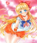  aino_minako artist_name at_classics bangs bishoujo_senshi_sailor_moon blonde_hair blue_bow blue_eyes blue_neckwear blush bow bowtie breasts chocolate chocolate_heart closed_mouth cowboy_shot eyebrows_visible_through_hair forehead_jewel gift gloves hair_bow heart holding holding_gift large_breasts leaning_forward long_hair looking_at_viewer orange_sailor_collar orange_skirt pleated_skirt red_bow sailor_collar sailor_senshi_uniform sailor_venus sample school_uniform serafuku short_sleeves skirt smile solo thigh_gap traditional_media very_long_hair watermark white_gloves 