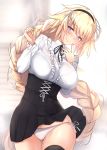  1girl bangs black_legwear black_skirt blonde_hair blouse blush braid breasts casual collared_blouse commentary_request day eyebrows_visible_through_hair fate/grand_order fate_(series) frilled_blouse hair_between_eyes hairband hands_up head_tilt high-waist_skirt highres jeanne_d&#039;arc_(fate) jeanne_d&#039;arc_(fate)_(all) large_breasts long_hair long_sleeves looking_at_viewer meme_attire neck_ribbon outdoors panties ribbon side-tie_panties single_braid skindentation skirt smile solo thighhighs underwear untsue very_long_hair virgin_killer_outfit white_blouse white_panties wind wind_lift 