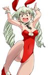  absurdres alternate_costume anchovy animal_ears aono3 arms_up ascot bad_anatomy bangs breasts bunny_ears bunnysuit cleavage cowboy_shot detached_collar drill_hair fake_animal_ears fishnet_pantyhose fishnets girls_und_panzer green_hair highres leg_up leotard long_hair looking_at_viewer medium_breasts open_mouth pantyhose red_eyes red_footwear red_leotard shoes simple_background smile solo standing standing_on_one_leg strapless strapless_leotard twin_drills twintails white_background wrist_cuffs 