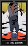  commentary hanging highres holding holding_scissors hood hoodie kagerou_project kisaragi_shintarou male_focus mazumaro mouse_(computer) red_eyes roman_numerals scissors snake solo tarot text_focus the_hanged_man tree upside-down 