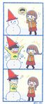  1girl 3koma ? ayu_(mog) black_hair boots braid brown_footwear brown_hair comic flying_sweatdrops hat juushimatsu's_girlfriend matsuno_juushimatsu open_mouth osomatsu-kun osomatsu-san pleated_skirt red_skirt single_braid skirt sleeves_past_wrists smile snowman solid_oval_eyes surprised sweatdrop sweater tongue winter_clothes 