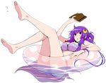  barefoot bikini blue_bow blush book bow breasts cleavage commentary_request crescent crescent_hair_ornament eichi_yuu hair_bow hair_ornament holding innertube large_breasts legs_up long_hair looking_at_viewer open_book open_mouth partially_submerged patchouli_knowledge polka_dot purple_bikini purple_eyes purple_hair red_bow solo swimsuit touhou very_long_hair white_background 
