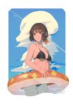  bow breasts brown_eyes brown_hair cleavage collarbone eyebrows_visible_through_hair hair_bow holding holding_innertube innertube lanzi_(415460661) large_breasts looking_away orange_bow original parted_lips short_hair solo 