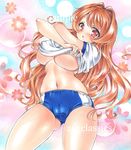  :o antenna_hair artist_name ass_visible_through_thighs at_classics bangs blue_buruma blush breasts buruma cameltoe cowboy_shot crossed_arms eyebrows_visible_through_hair gym_uniform hair_intakes koumi_haruka large_breasts long_hair looking_at_viewer midriff navel open_mouth orange_hair pink_eyes rail_wars! sample shirt_lift short_sleeves solo traditional_media underboob undressing watermark 