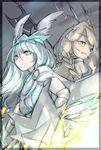  axe back-to-back blonde_hair blue_eyes blue_hair braid brooch character_request commentary_request fang feathers frown grey_background highres holding huang_li_ling jewelry multiple_girls open_mouth patapon shield tiara twin_braids upper_body weapon yellow_eyes 