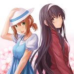  :d black_hair blue_dress blush brown_eyes brown_hair closed_mouth dress floral_background frilled_sleeves frills from_side green_eyes hair_between_eyes hand_on_headwear hat head_tilt headband kasumigaoka_utaha koisuru_metronome long_hair looking_at_viewer low_twintails multiple_girls open_mouth redpoke saenai_heroine_no_sodatekata sagara_mayu shirt short_sleeves smile spaghetti_strap twintails very_long_hair white_background white_hat white_shirt 