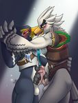  2017 absurd_res against_wall anthro avian balls beak bird black_feathers blush breath_of_the_wild clothed clothing digital_media_(artwork) drako1997 drooling duo erection eye_contact feathers frottage green_eyes hand_holding handjob hi_res humanoid_penis looking_at_another male male/male muscular muscular_male nintendo nude open_mouth partially_clothed penis precum revali rito saliva scarf sex simple_background smile standing teba_(zelda) the_legend_of_zelda tongue tongue_out video_games white_feathers wings yellow_eyes 