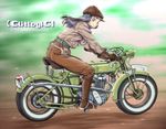  ass black_eyes black_hair boots cross-laced_footwear gloves ground_vehicle hat jacket knee_boots lace-up_boots light_smile long_hair looking_at_viewer mihoto_kouji motor_vehicle motorcycle original riding solo watermark web_address 