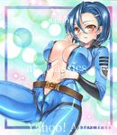  artist_name at_classics blue_hair blush breasts brown_eyes covered_nipples cowboy_shot eyebrows_visible_through_hair hair_between_eyes hair_ornament hairclip hand_on_eyewear hand_up large_breasts long_sleeves looking_at_viewer navel niimi_kaoru parted_lips sample short_hair solo traditional_media uchuu_senkan_yamato uchuu_senkan_yamato_2199 watermark 