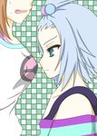  2girls absurdres artist_request bare_shoulders blue_eyes breast_envy breasts brown_hair collarbone flat_chest from_side green_background hair_ornament half-closed_eyes homika_(pokemon) large_breasts looking_down mei_(pokemon) multiple_girls open_mouth pokemon pokemon_bw pokemon_bw2 shirt short_hair silver_hair simple_background standing striped_shirt sweat tied_hair white_shirt 