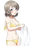  :d bangs bare_shoulders blue_eyes blush bow bow_panties bra breasts brown_hair cleavage collarbone cowboy_shot eyebrows_visible_through_hair grey_hair highres large_breasts looking_at_viewer love_live! love_live!_sunshine!! navel open_mouth panties rozen5 short_hair simple_background smile solo stomach strap_slip striped striped_bra striped_panties swept_bangs unclasped underwear underwear_only untied_bra vertical-striped_bra vertical-striped_panties vertical_stripes watanabe_you white_background white_bow yellow_bra yellow_panties 