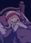  bed closed_eyes dark dress hair_over_one_eye hat ica_tm little_witch_academia long_hair pale_skin pink_hair purple_hair simple_background sleeping solo sucy_manbavaran witch 
