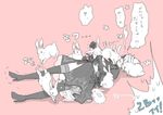 black_dress blindfold blush boots bunny commentary_request dress feather-trimmed_sleeves kousetsu_(nonosuke) long_sleeves lying nier_(series) nier_automata on_back open_mouth silver_hair solo thigh_boots thighhighs thighhighs_under_boots too_many too_many_bunnies translated trembling yorha_no._2_type_b 