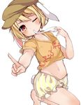  animal_ears bangs bare_legs barefoot blonde_hair blush brown_eyes brown_hat bunny_ears bunny_tail commentary_request eyebrows_visible_through_hair floppy_ears food hat highres holding holding_food index_finger_raised karasusou_nano looking_at_viewer midriff mochi mouth_hold navel one_eye_closed orange_shirt orange_shorts ringo_(touhou) shirt short_hair short_sleeves shorts simple_background solo tail touhou wagashi white_background 