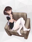  absurdres apron armchair artist_name brown_hair chair commentary feet hair_bobbles hair_ornament highres legs maid maid_apron maou_renjishi no_shoes original panties panties_under_pantyhose pantyhose red_eyes skindentation smile soles solo twintails underwear white_legwear 