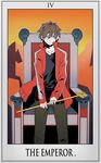  brown_hair collarbone commentary highres horns jacket kagerou_project kisaragi_shintarou male_focus mazumaro red_hair red_jacket roman_numerals scepter sheep_horns solo standing tarot text_focus the_emperor throne track_jacket 