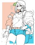  baseball_cap bracelet commentary_request cowboy_shot crop_top hai_ookami hat headphones headphones_around_neck highres hood hoodie jewelry midriff mouth_hold navel off_shoulder open_clothes open_hoodie original short_shorts shorts single_thighhigh skateboard solo thighhighs thighs 