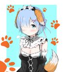  1girl animal_ears bare_shoulders black_bow black_dress black_ribbon blue_background blue_eyes blue_hair blush border bow breasts cleavage detached_sleeves dog_ears embarrassed fake_animal_ears fake_tail fox_tail hair_ornament hair_over_one_eye hair_ribbon logic_ils long_sleeves looking_at_viewer maid maid_headdress matching_hair/eyes medium_breasts paw_print pink_ribbon re:zero rem_(re:zero) ribbon short_hair simple_background solo standing tail white_border 