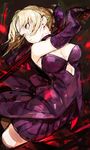  artoria_pendragon_(all) bare_shoulders black_dress blonde_hair breasts choker cleavage closed_mouth dress elbow_gloves fate/stay_night fate_(series) gloves hair_bun highres hiranko looking_to_the_side medium_breasts saber_alter solo sword thighhighs weapon yellow_eyes 