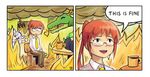  breasts brown_eyes chair coffee_mug comic cup david_hrusa dragon dragon_horns elma_(maidragon) english fire glasses gunshow_(comic) horns jitome kanna_kamui kobayashi-san_chi_no_maidragon kobayashi_(maidragon) large_breasts meme mug multicolored_hair multiple_girls necktie out_of_frame parody ponytail quetzalcoatl_(maidragon) red_hair shirt sitting smile table this_is_fine tooru_(dragon)_(maidragon) tooru_(maidragon) two-tone_hair white_shirt 