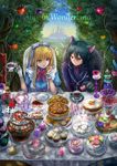  1girl alice_(wonderland) alice_in_wonderland animal_ears black_hair blonde_hair blue_bow blue_eyes bow breasts cat_ears chair cheshire_cat chocolate_chip_cookie copyright_name cup food gloves highres holding holding_cup large_breasts long_hair plate seungju_lee sitting table tea teacup teapot white_gloves 
