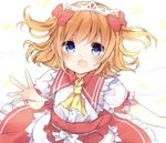  ascot bangs blue_eyes blush bow brown_hair hair_bow karasusou_nano looking_at_viewer open_mouth red_bow short_sleeves simple_background solo sunny_milk touhou two_side_up upper_body white_background 