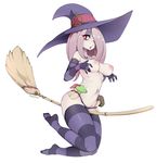  bad_id bad_twitter_id bikini bikini_bottom breasts broom broom_riding brown_hair elbow_gloves gloves hair_over_one_eye hat highres inverted_nipples little_witch_academia long_hair looking_at_viewer medium_breasts mushroom navel nipples open_mouth pale_skin puffy_nipples purple_bikini red_eyes simple_background slugbox solo striped striped_gloves striped_legwear sucy_manbavaran swimsuit thick_thighs thighhighs thighs white_background witch witch_hat 