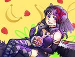  akemi_homura akuma_homura black_gloves black_hair choker cleavage eating fork fruit gloves hair_bow long_hair mahou_shoujo_madoka_magica mahou_shoujo_madoka_magica_movie parted_lips purple_eyes shoulderless_shirt sitting smile solo thighhighs vividgrim wings 