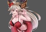  :d ahoge bikini breasts claw_pose cleavage collarbone cowboy_shot draph fang flower granblue_fantasy grey_background grey_hair hair_between_eyes hair_flower hair_ornament halterneck horns innertube large_breasts leaning_forward long_hair looking_at_viewer navel open_mouth pak_ce pointy_ears red_bikini red_eyes simple_background smile solo swimsuit thalatha_(granblue_fantasy) v-shaped_eyebrows very_long_hair 
