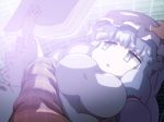  book bookshelf breasts commentary_request crescent crescent_hair_ornament eyebrows_visible_through_hair hair_ornament hat jitome large_breasts long_hair long_sleeves lying mob_cap on_back open_book open_mouth patchouli_knowledge plaid purple_hair reading shirosato solo touhou 