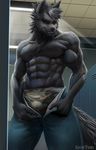  anthro bulge canine clothing locker_room looking_at_viewer male mammal muscular scar shintori smile solo underwear unzipped 