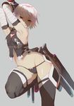  1girl armpits artist_request assassin_of_black bandage bandaged_arm bare_shoulders black_legwear black_panties fate/apocrypha fate_(series) green_eyes navel panties scar short_hair silver_hair small_breasts smile solo thighhighs thighs underwear white_hair wide_hips 