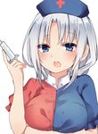  bangs blue_eyes blush breast_hold breasts eyebrows_visible_through_hair grey_hair hand_up hat holding holding_syringe karasusou_nano looking_at_viewer medium_breasts nurse_cap open_mouth red_cross short_sleeves simple_background solo syringe touhou upper_body white_background yagokoro_eirin 