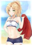  belt blonde_hair blush breasts cleavage collarbone denim denim_shorts eyebrows_visible_through_hair fate/apocrypha fate/grand_order fate_(series) green_eyes jewelry large_breasts looking_at_viewer mordred_(fate) mordred_(fate)_(all) navel necklace parted_lips short_hair short_ponytail shorts smile solo teeth unel 