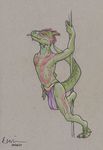  argonian claws clothing dancing feathers green_scales hi_res horn loincloth looking_at_viewer male pole pole_dancing red_feathers scales scalie solo standing the_elder_scrolls theandymac tongue tongue_out traditional_media_(artwork) video_games 